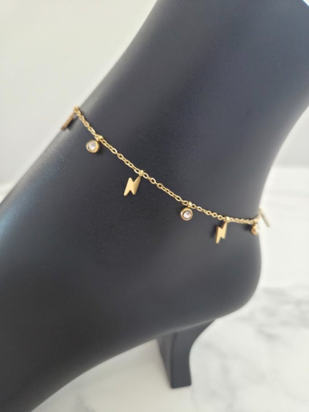 Gold Lightning Bolt & Crystal Charm Anklet Dainty Stainless Steel Jewelry - Picture 3 of 15
